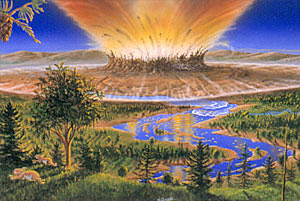Artist impression of the instant of impact between the meteor and the Miocene landscape of what would become Devon Island. Artist impression of the instant of impact between the meteor and the Miocene landscape of what would become Devon Island.