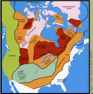 Schematic map of PreCambrian cratons and orogens from Eyles & Miall (2007)