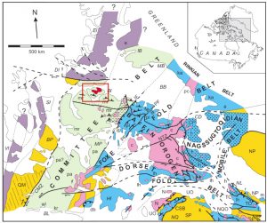 Map 3: Geological provinces in vicinity of Baffin Island. Red box outline enlarged in maps 2 & 4. 