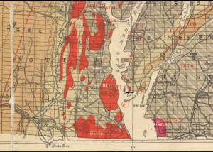 Figure 1: Portion of geological map by Logan and Ells, published in 1894 after Logan had died. Black arrow provides the artist Krieghoff’s vantage point for his painting of Owls Head.