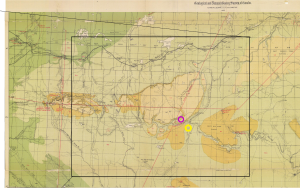 Saskatchewan geology map by McConnell hi res Figure 1: Portion of GSC map by R.G. McConnell published in 1885. Yellow circle depicts area of Ross Ranch painted by Aubrey Kerr.