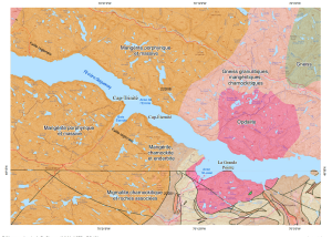Figure 1: bedrock geology map of Cape Trinity area. Quebec Natural Resources map from field work conducted in 1961 and 1975