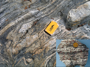 Figure 2: Typical example in outcrop and hand specimen of garnet-rich gneiss