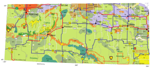 Figure 2: Portion of Saskatchewan Geological Highway Map (2002) showing that the area in this part of the province is dominated by Quaternary sediments. Ross’s Ranch is shown by purple circle.