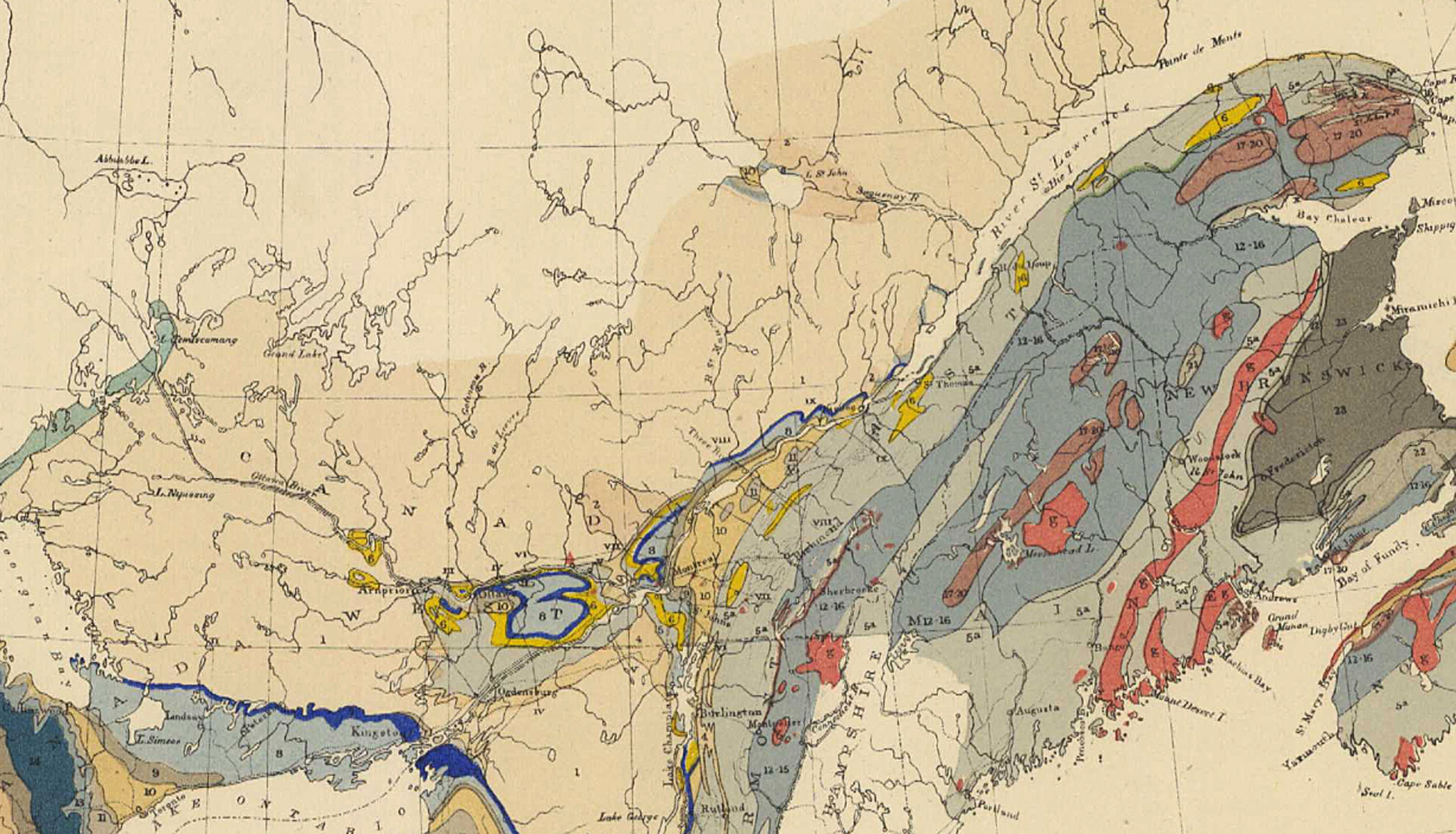 Figure 2: portion of geological map of Canada and adjacent British provinces of North America published in 1864 by Logan and others. The 1863 map referred to by Laflamme has not been uncovered but the 1864 map shown indicates how little was known of the geology in the Saguenay region at the time.