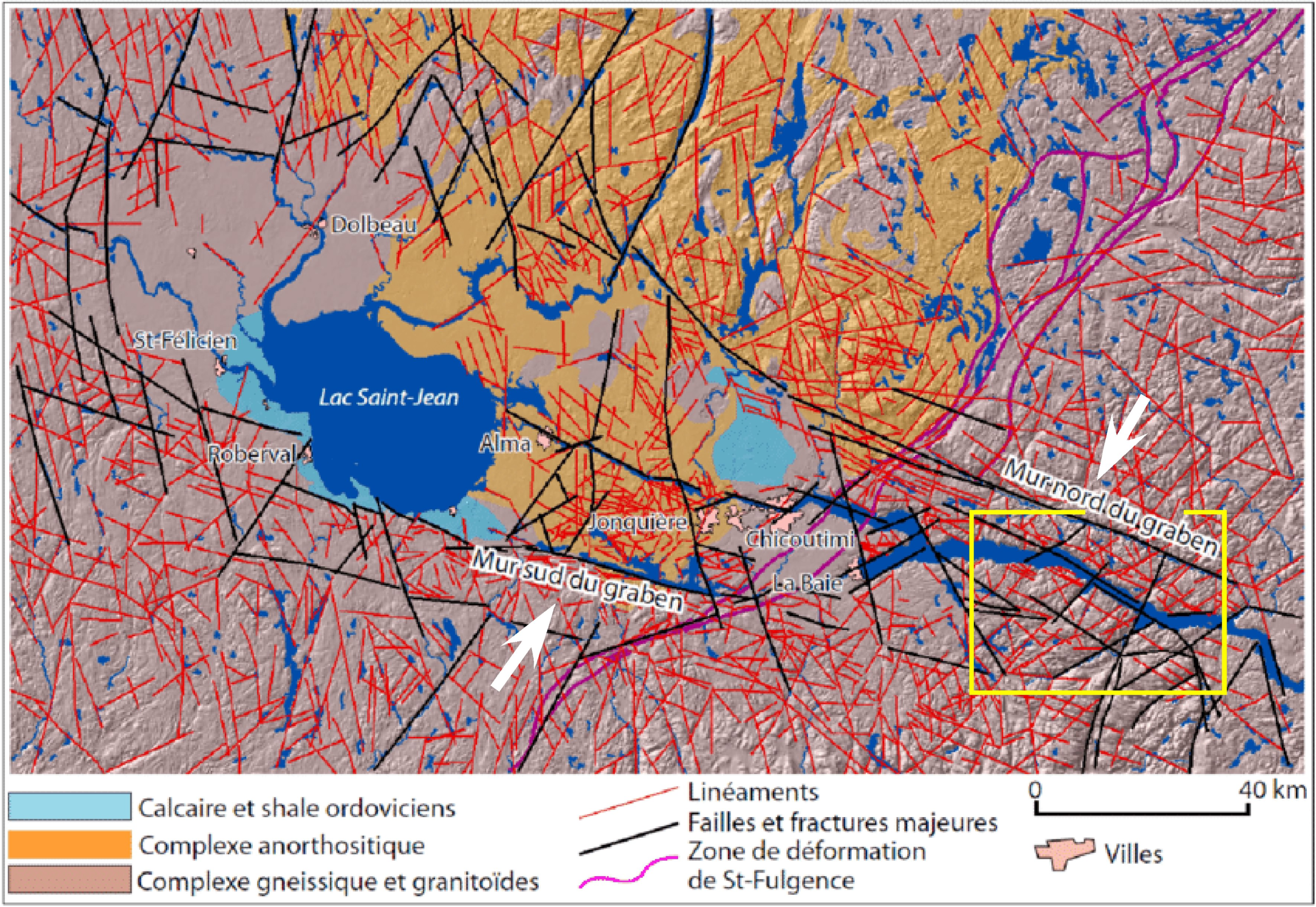 Figure 3: Summary bedrock geology map showing intense density of structural elements associated with the Saguenay Graben. From Rouleau et al 2011. And Figure 4 Cross-section across Saguenay Graben