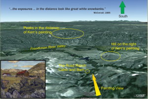 Satellite image (courtesy of Google Earth) from the area portrayed in Kerr’s painting. Hills in the background are the Bearpaw Mountains in northern Montana. Figure 4: Satellite image (courtesy of Google Earth) from the area portrayed in Kerr’s painting. Hills in the background are the Bearpaw Mountains in northern Montana.