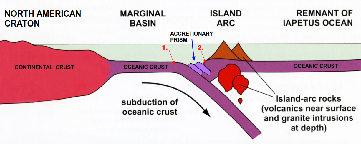 Figure 6: schematic cross-section of eastern margin of North America and closing Iapetus Ocean ( 450Ma). Red arrows point to two possible positions of Bolton oceanic volcanics, prior to their emplacment in accretionary wedge, ultimately to become part of North America. Adapted after Melancon et al. 1997); base modified from Eyles & Miall (2007, their fig.6.16)