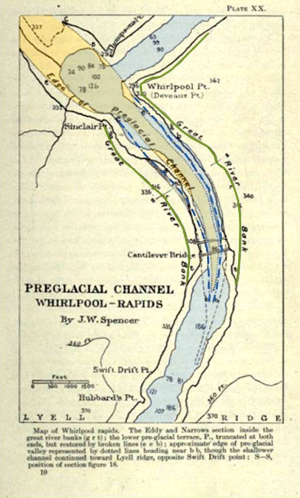 Figure 8: Interpretive map by Spencer in 1905 showing pre-glacial channel influencing position of Whirlpool