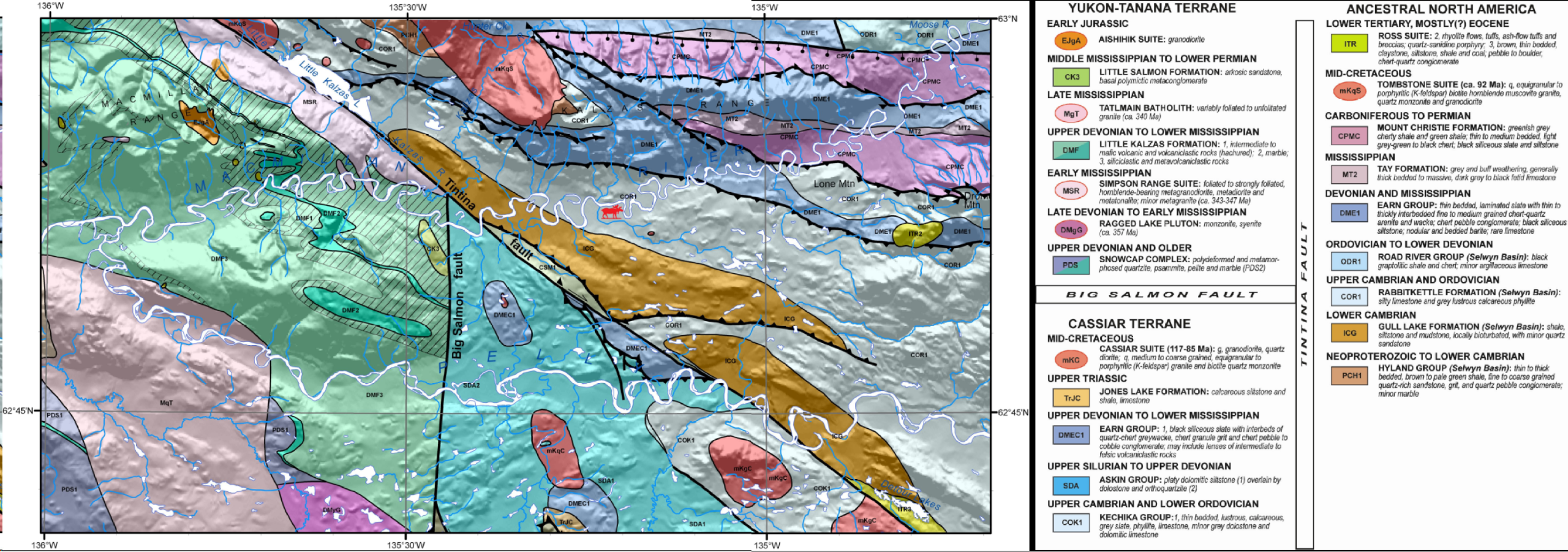 Map 4: Bedrock geology based upon previous and new field work (foot-traverses set-out by helicopter, 2000-2003), with contacts extended beneath Quaternary cover base based upon an airborne aeromagnetic survey (1997).